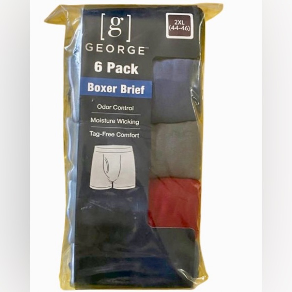 Pack of 6 George Regular Leg Men's Boxer Briefs Size 2XL 100% Cotton Tag-Free